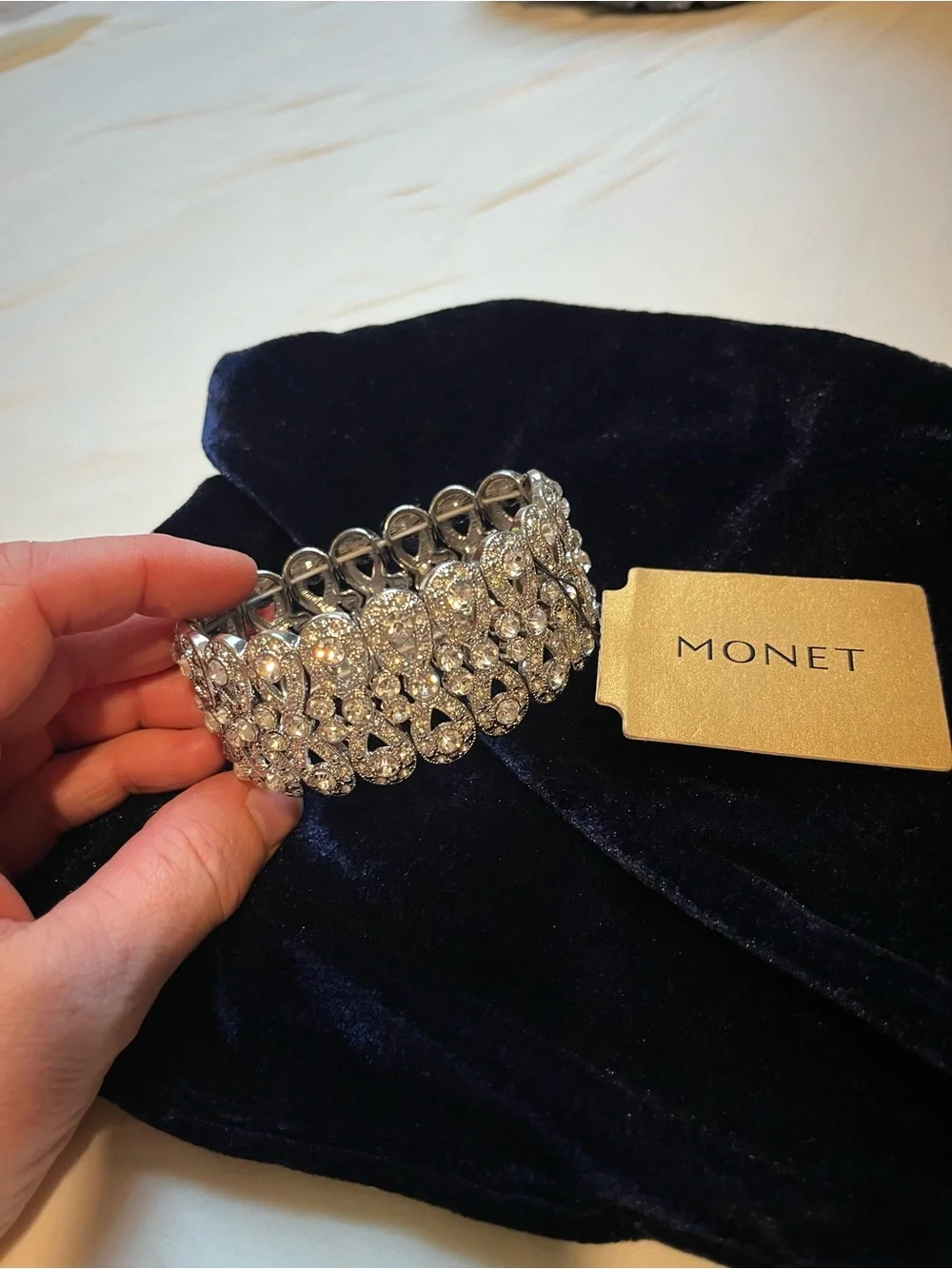Vintage Monet Rhinestone Stretch Cuff Bracelet - Picture 2 of 4